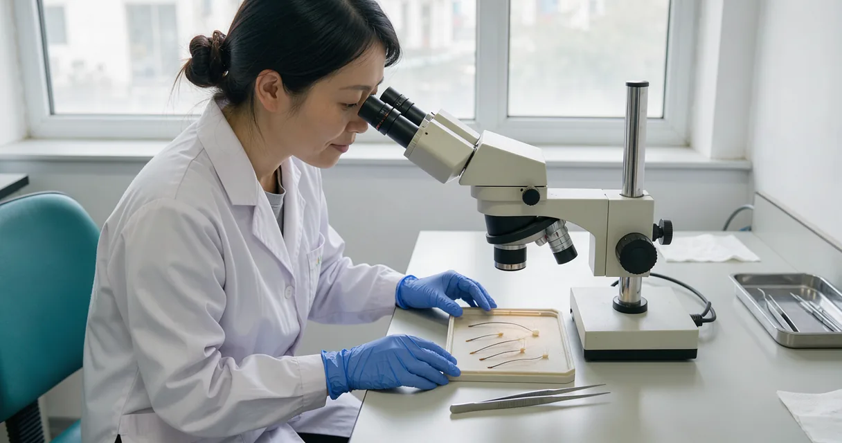 A technician examines a shallow specimen dish through a stereo microscope