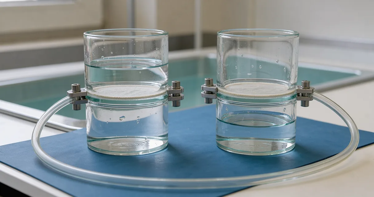 Glass diffusion cells hold a thin membrane between upper and lower chambers